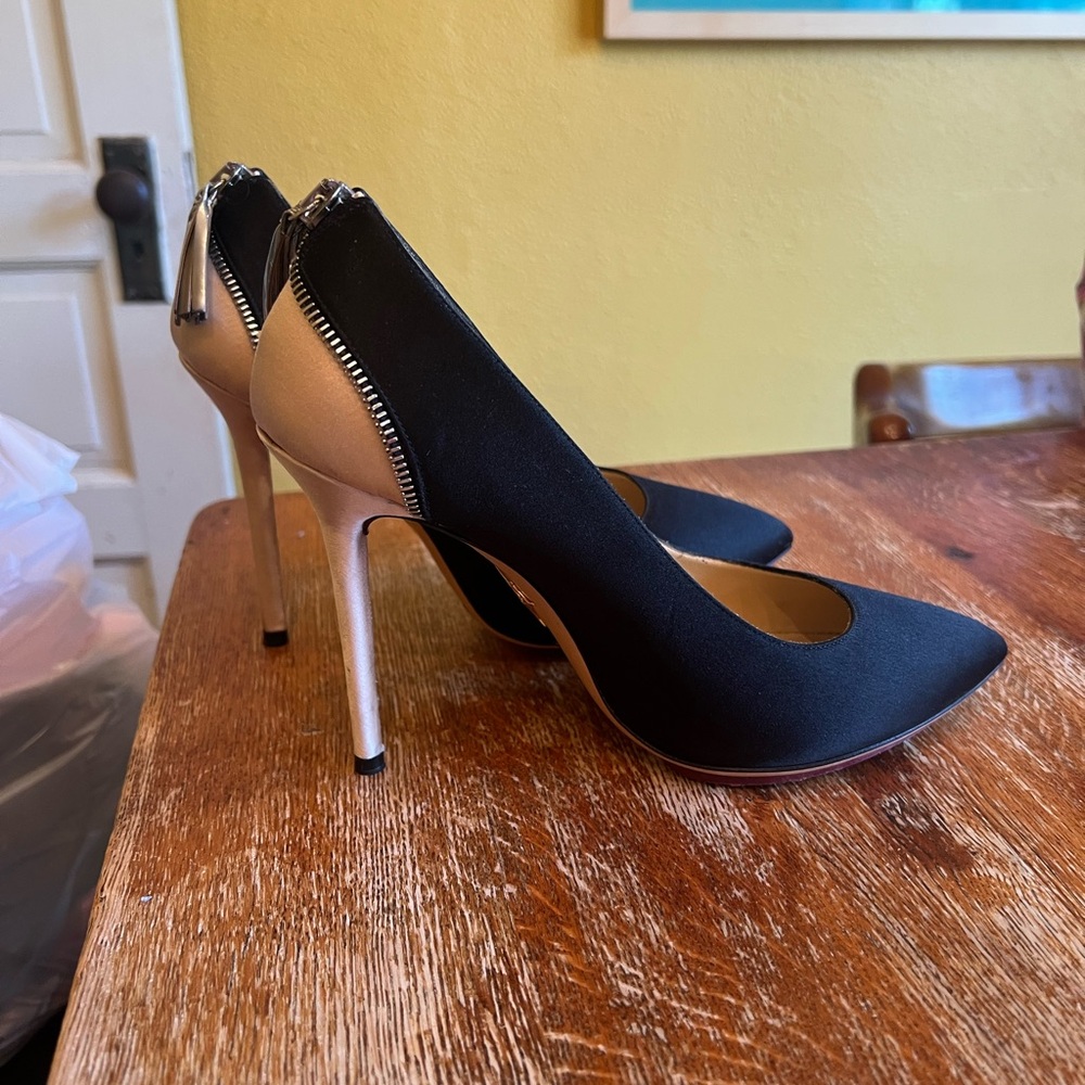 Charlotte Olympia Zipper-Detail Black Silk Heels | size 39.5